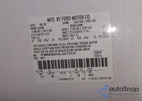 2020 Ford Explorer Xlt z USA, uszkodzony, nr VIN 1FMSK8DHXLGC72337